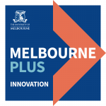 Image of the logo for the Melbourne Plus program. Blue background with an orange bold arrow pointing to the right, captioned with 