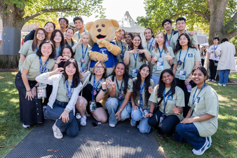FBE Student Ambassadors and Barry the Bear at Orientation