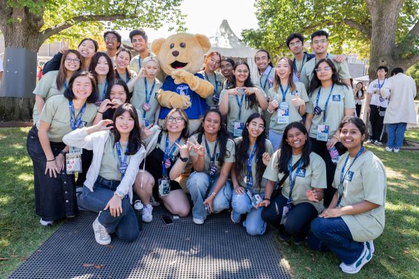FBE Student Ambassadors and Barry the Bear at Orientation